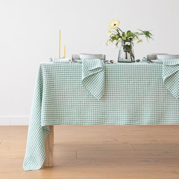 linenme Linen Tablecloth Gingham Aqua Foam