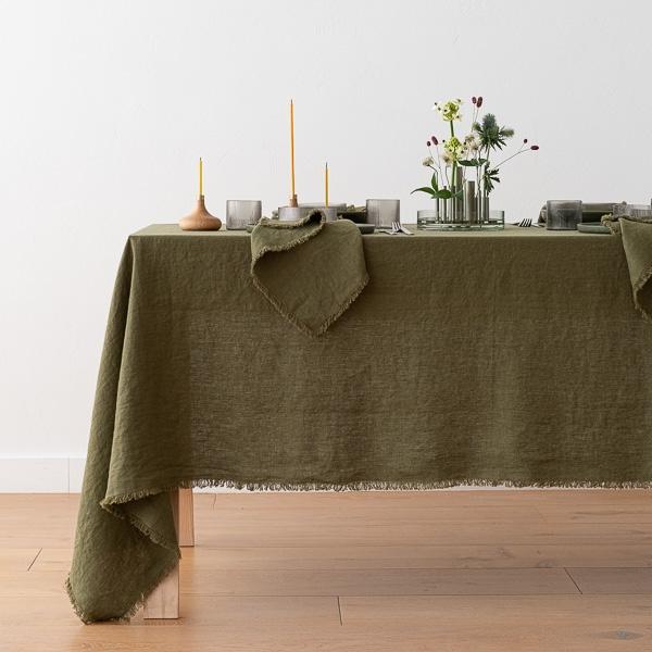 Linenme Linen Tablecloth Olive Green Terra Fringe