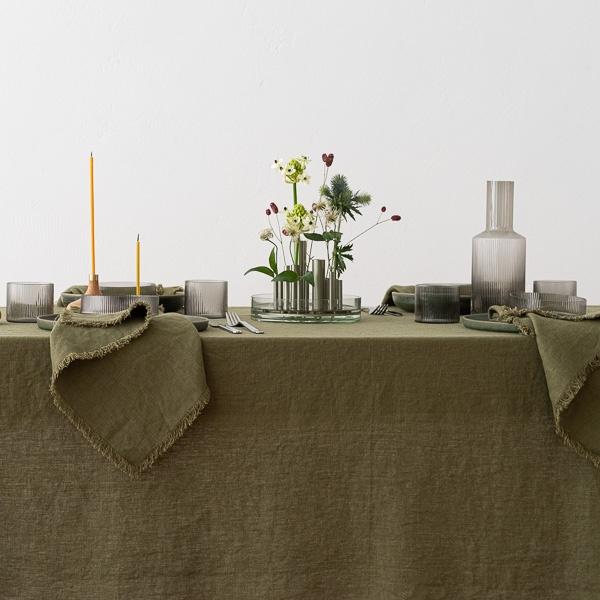 Linenme Linen Tablecloth Olive Green Terra Fringe