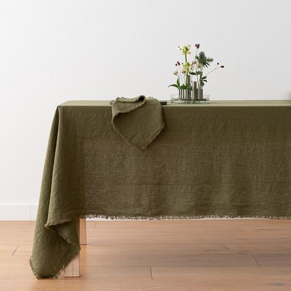 linenme Linen Tablecloth Olive Green Terra Fringe