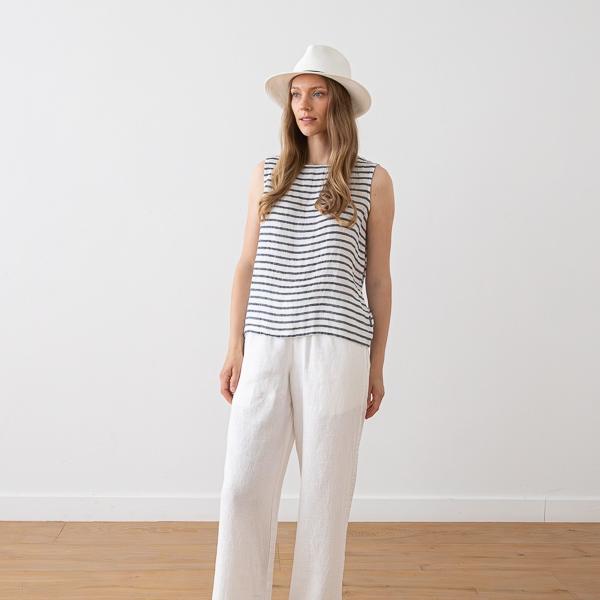 Linenme Linen Tank Top Twill White Navy Alice