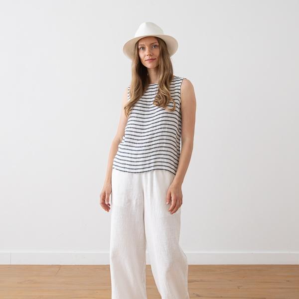 linenme Linen Tank Top Twill White Navy Alice
