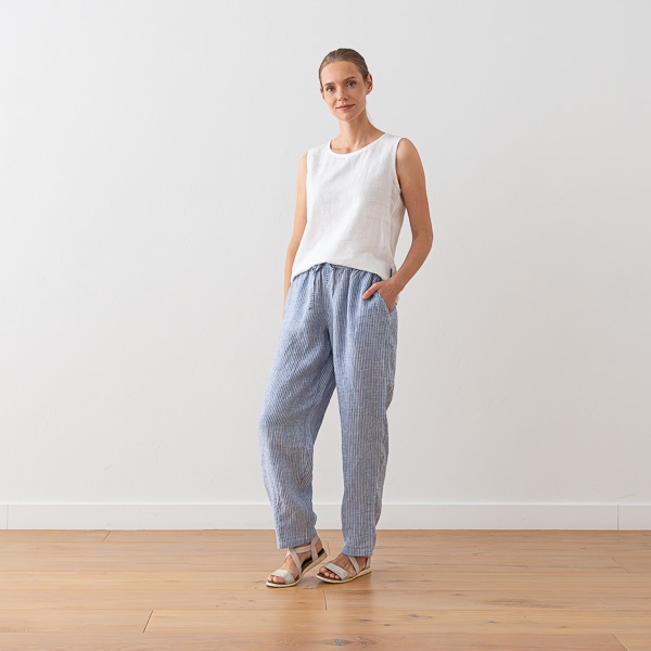 Linenme Linen Trousers Medium Stripe Blue Tokyo