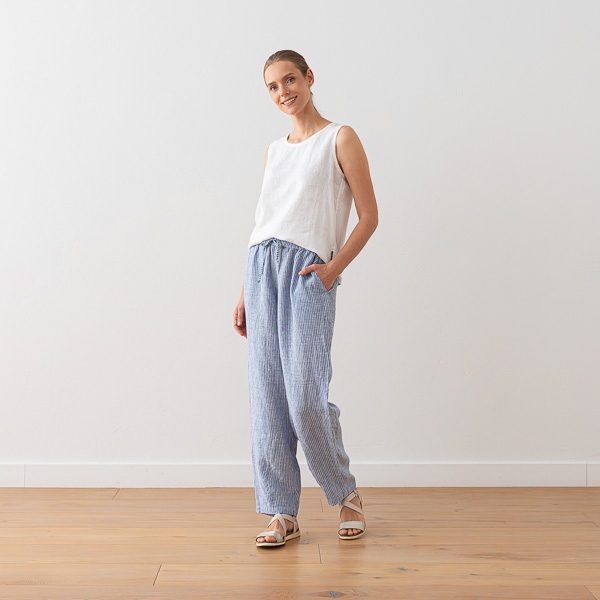 Linenme Linen Trousers Medium Stripe Blue Tokyo