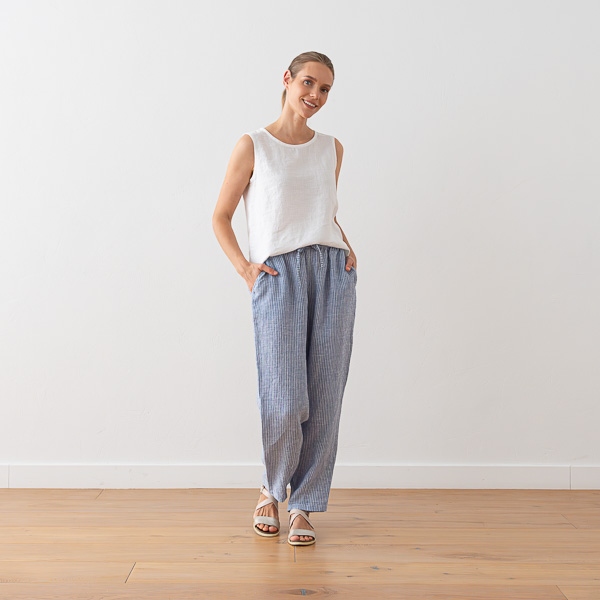 linenme Linen Trousers Medium Stripe Blue Tokyo