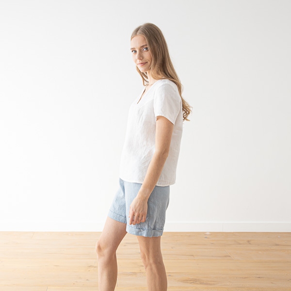 Linenme Linen V Neck Blouse Smoke Blue Luna