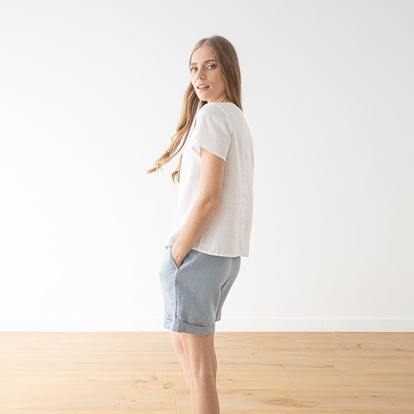 Linenme Linen V Neck Blouse Smoke Blue Luna