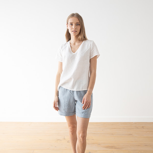 Linenme Linen V Neck Blouse Smoke Blue Luna