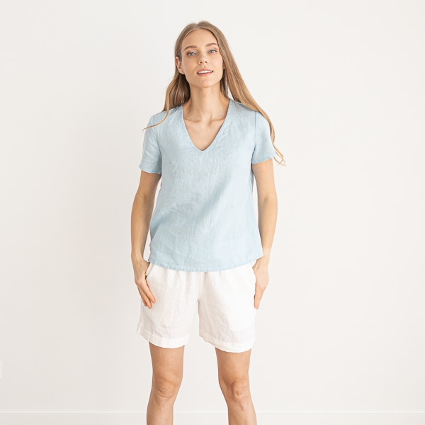 Linenme Linen V Neck Blouse Smoke Blue Luna