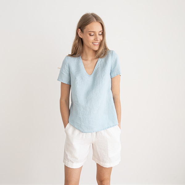 Linenme Linen V Neck Blouse Smoke Blue Luna