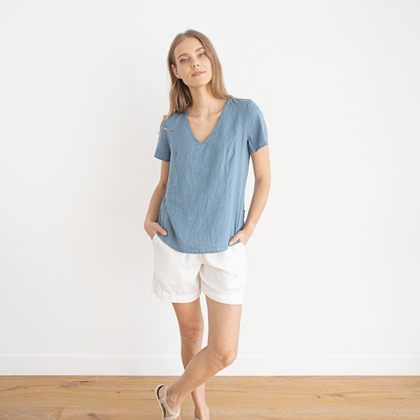 Linenme Linen V Neck Blouse Smoke Blue Luna