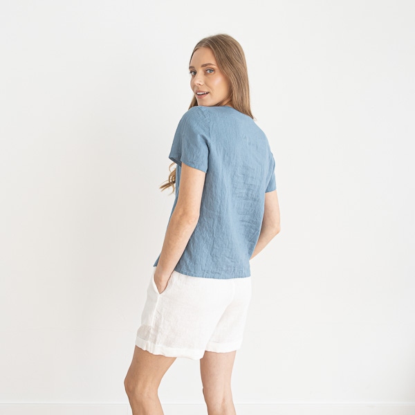 Linenme Linen V Neck Blouse Smoke Blue Luna
