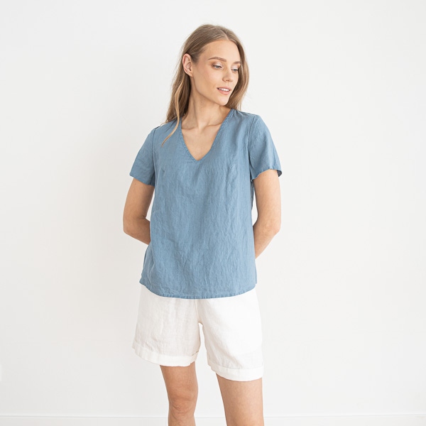 Linenme Linen V Neck Blouse Smoke Blue Luna