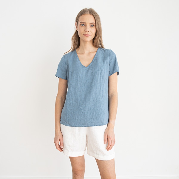 linenme Linen V Neck Blouse Smoke Blue Luna