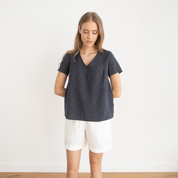 Linenme Linen V Neck Blouse Smoke Blue Luna