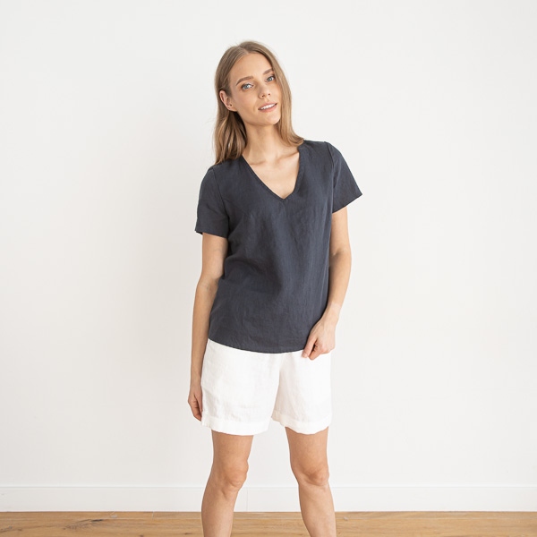 Linenme Linen V Neck Blouse Smoke Blue Luna