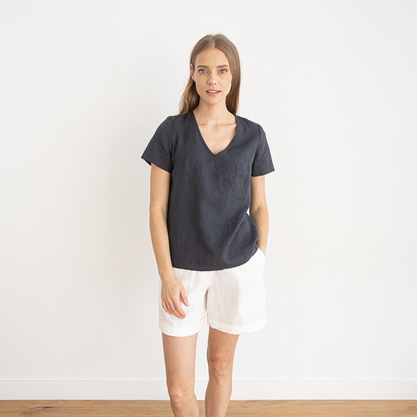 Linenme Linen V Neck Blouse Smoke Blue Luna