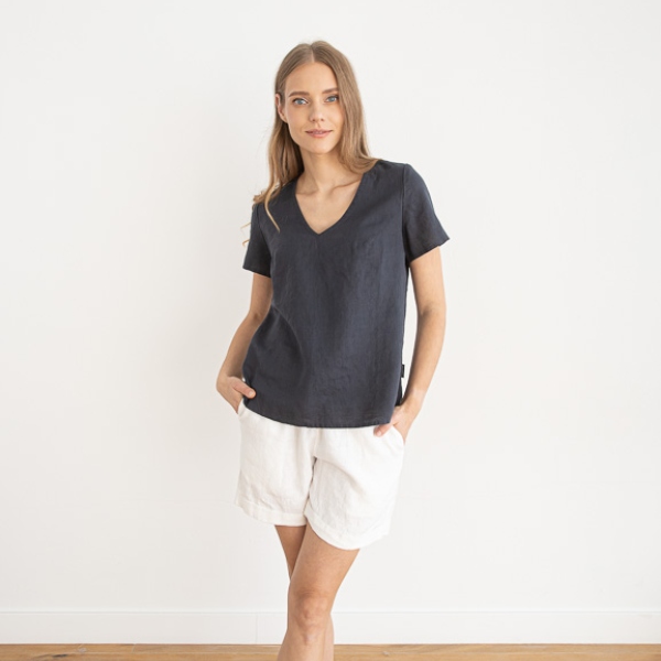 linenme Linen V Neck Blouse Smoke Blue Luna