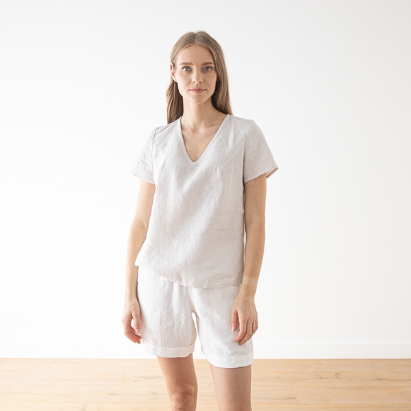 Linenme Linen V Neck Blouse Smoke Blue Luna