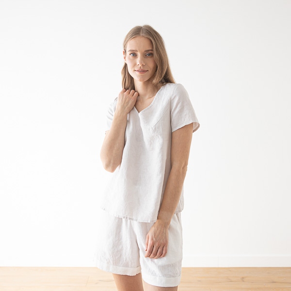 linenme Linen V Neck Blouse Smoke Blue Luna