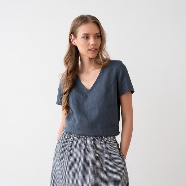 Linenme Linen V Neck Blouse Smoke Blue Luna