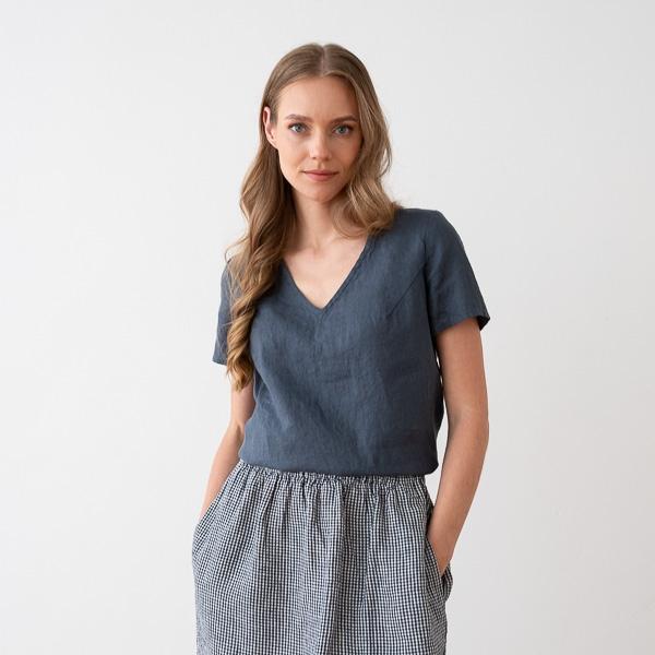 linenme Linen V Neck Blouse Smoke Blue Luna