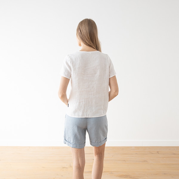 linenme Linen V Neck Blouse Smoke Blue Luna