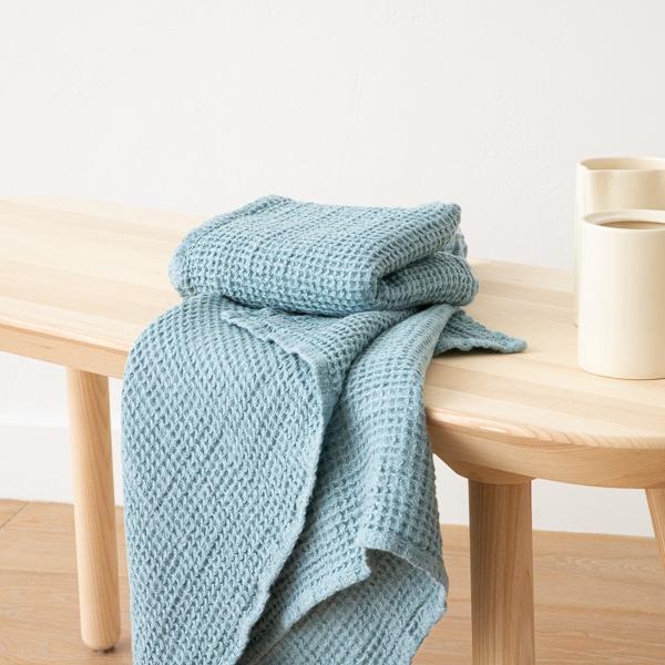 Linenme Linen Waffle Big Hand Towel Set Stone Blue