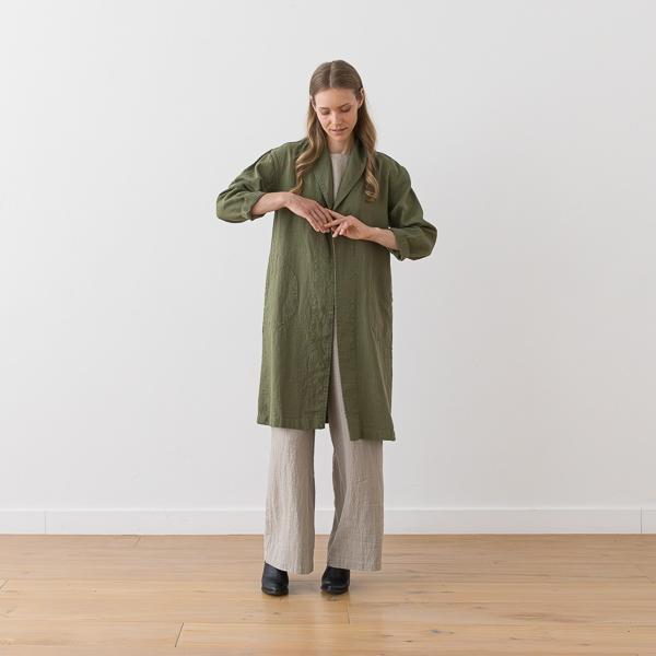 Linenme Long Linen Jacket Olive Green Kyoto