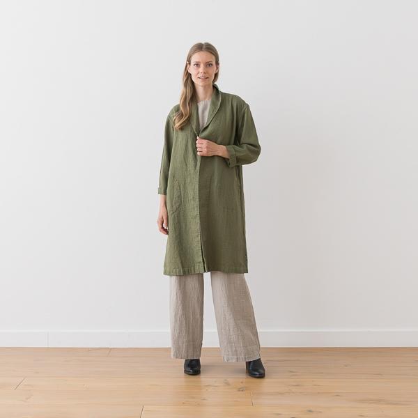 linenme Long Linen Jacket Olive Green Kyoto