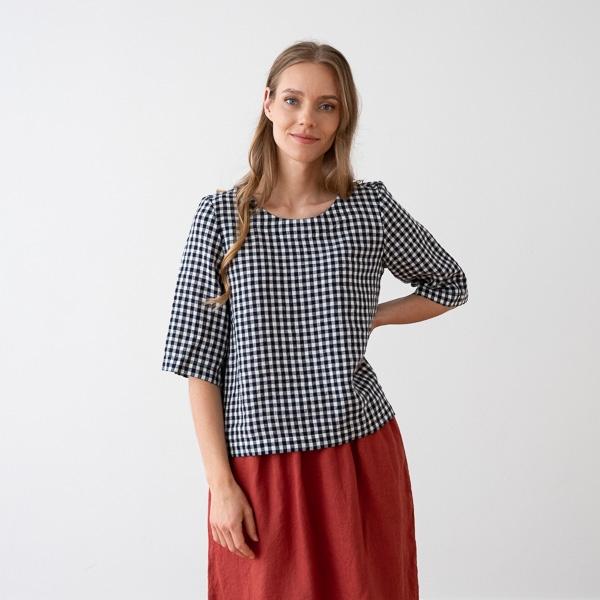 Linenme Loose Linen Blouse Navy Check Nora