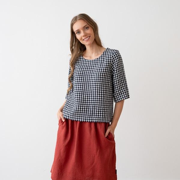 Linenme Loose Linen Blouse Navy Check Nora