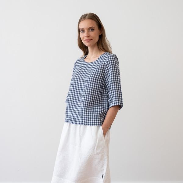 Linenme Loose Linen Blouse Navy Check Nora