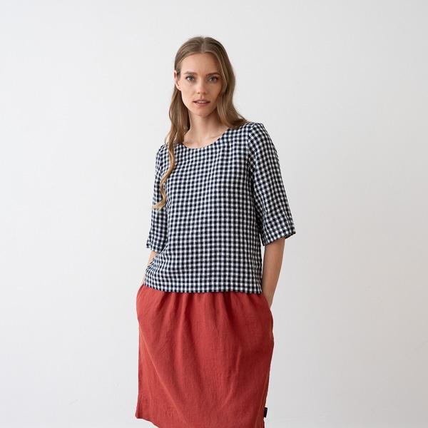 linenme Loose Linen Blouse Navy Check Nora