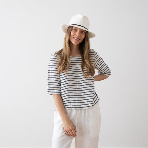 Linenme Loose Linen Blouse Twill White/Navy Nora