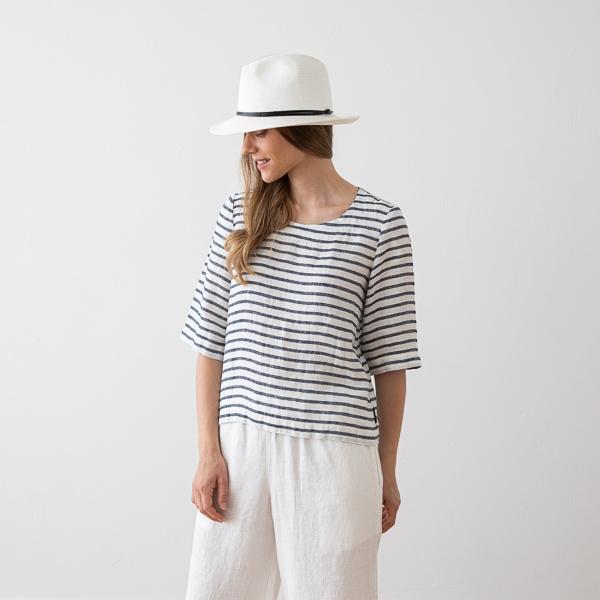 Linenme Loose Linen Blouse Twill White/Navy Nora