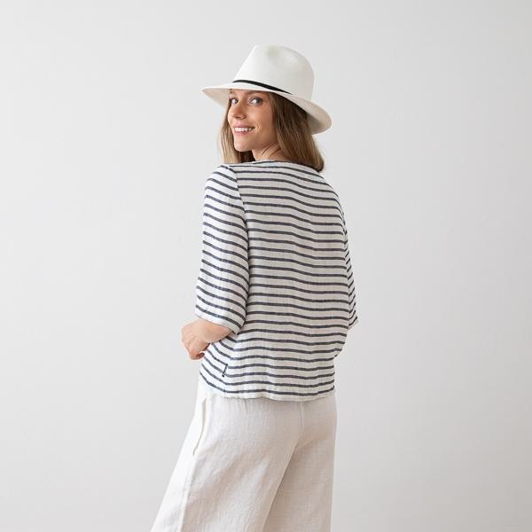 Linenme Loose Linen Blouse Twill White/Navy Nora