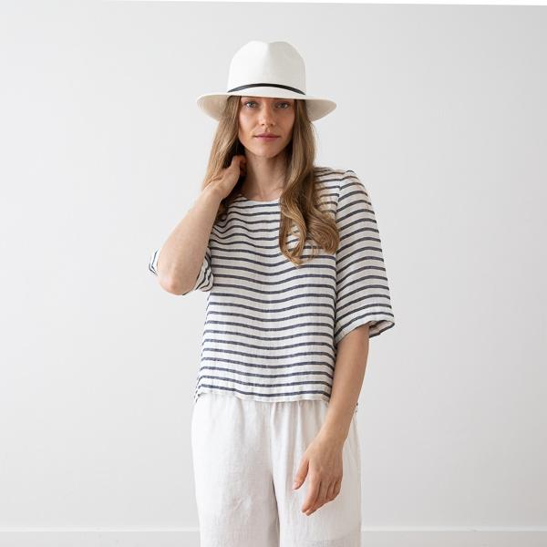 linenme Loose Linen Blouse Twill White/Navy Nora