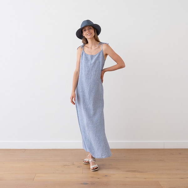 Linenme Maxi Linen Dress Medium Stripe Blue Amelia