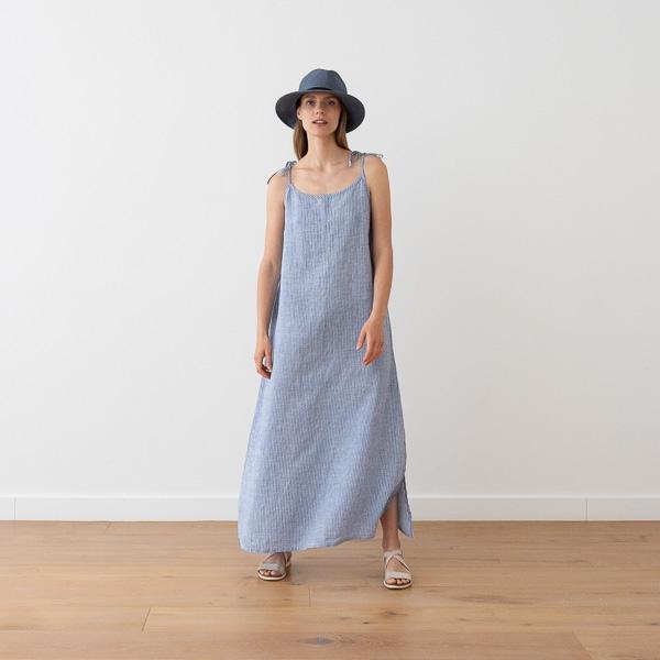 linenme Maxi Linen Dress Medium Stripe Blue Amelia