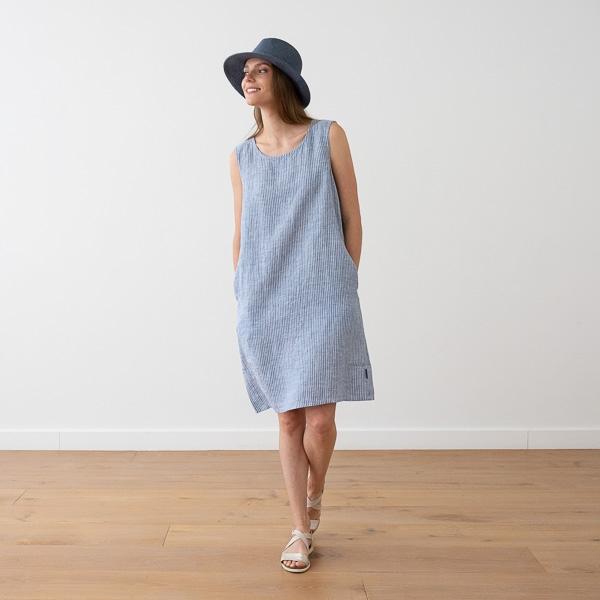Linenme Medium Stripe Blue Linen Dress Julia