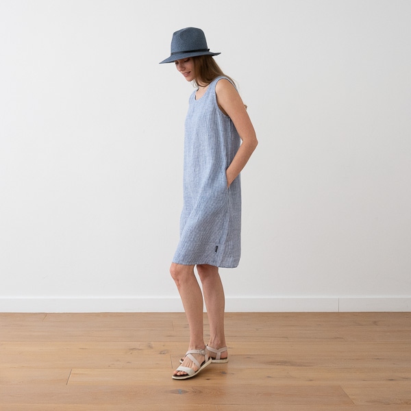 Linenme Medium Stripe Blue Linen Dress Julia