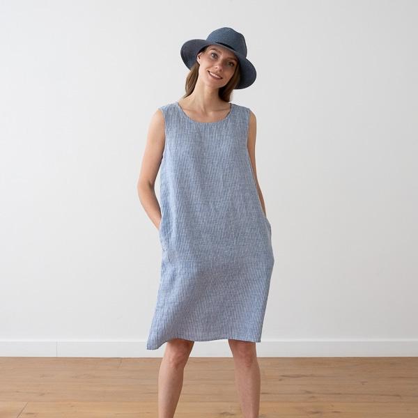 linenme Medium Stripe Blue Linen Dress Julia