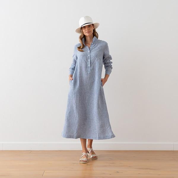 Linenme Medium Stripe Blue Long Linen Dress Meghan