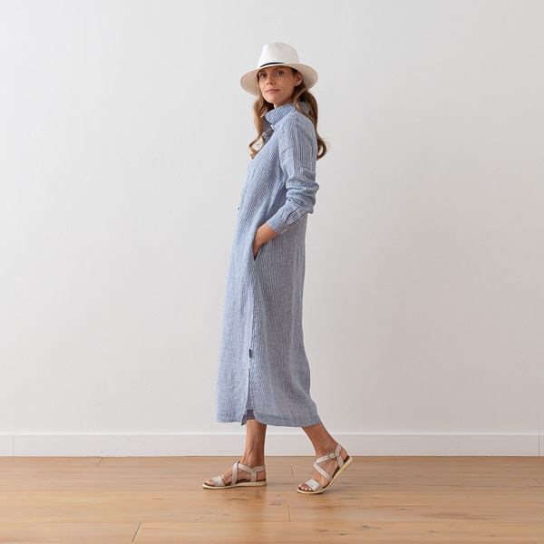 Linenme Medium Stripe Blue Long Linen Dress Meghan