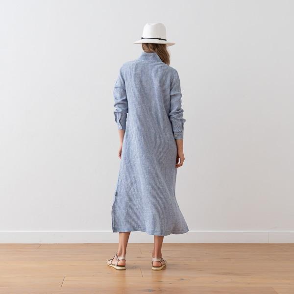 Linenme Medium Stripe Blue Long Linen Dress Meghan