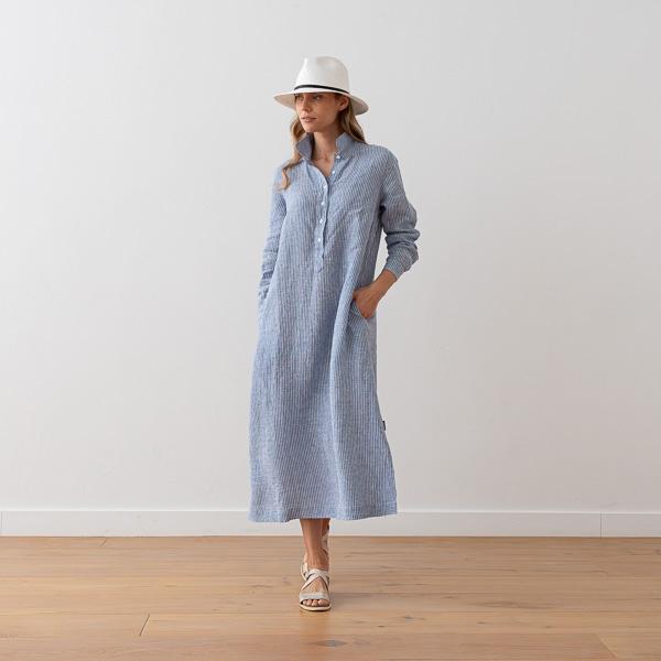 linenme Medium Stripe Blue Long Linen Dress Meghan