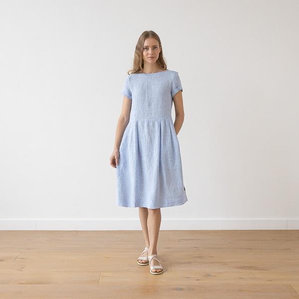Linenme Medium Stripe Linen Dress Blue Adel