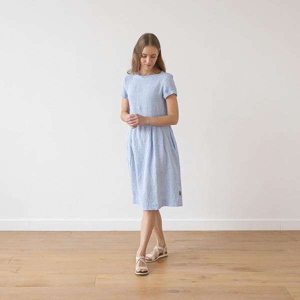 Linenme Medium Stripe Linen Dress Blue Adel
