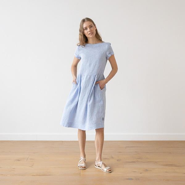 Linenme Medium Stripe Linen Dress Blue Adel